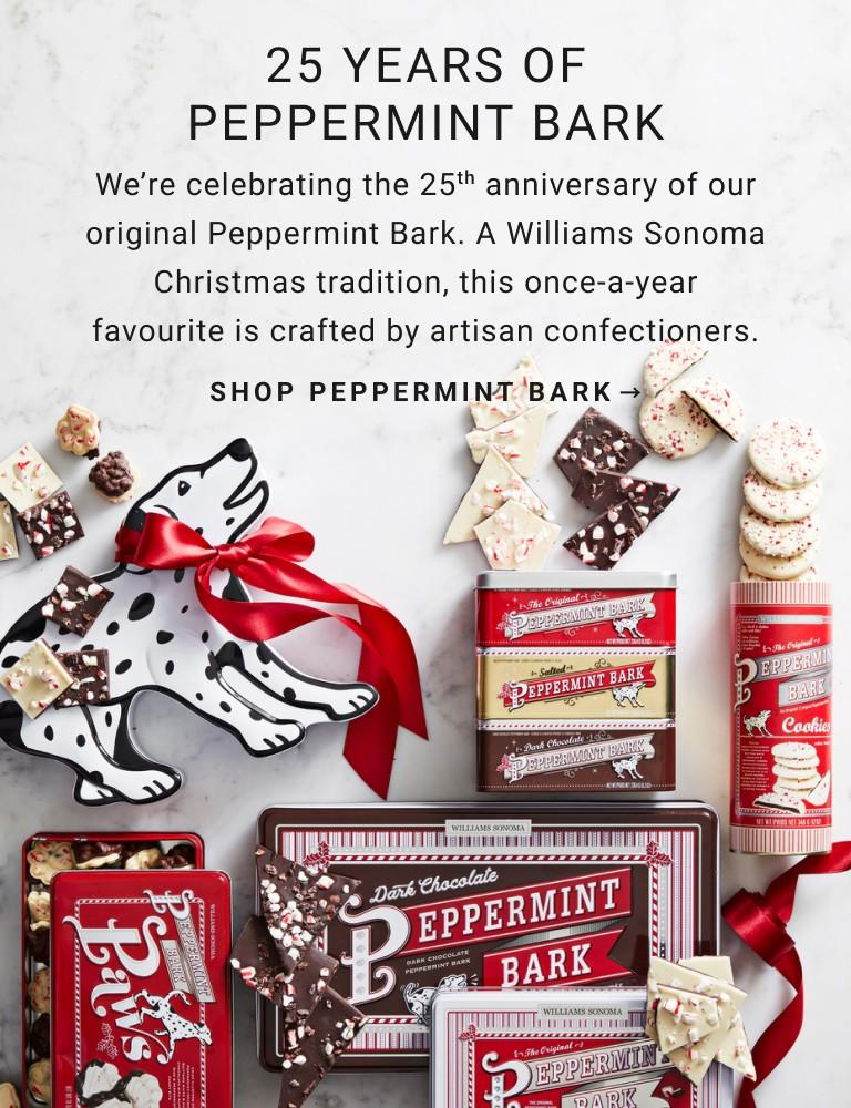25 years of Peppermint Bark. | Our top-quality bark is made with a custom blend of Guittard chocolate and premium peppermint oil for a treat unlike any other. | Shop Peppermint Bark